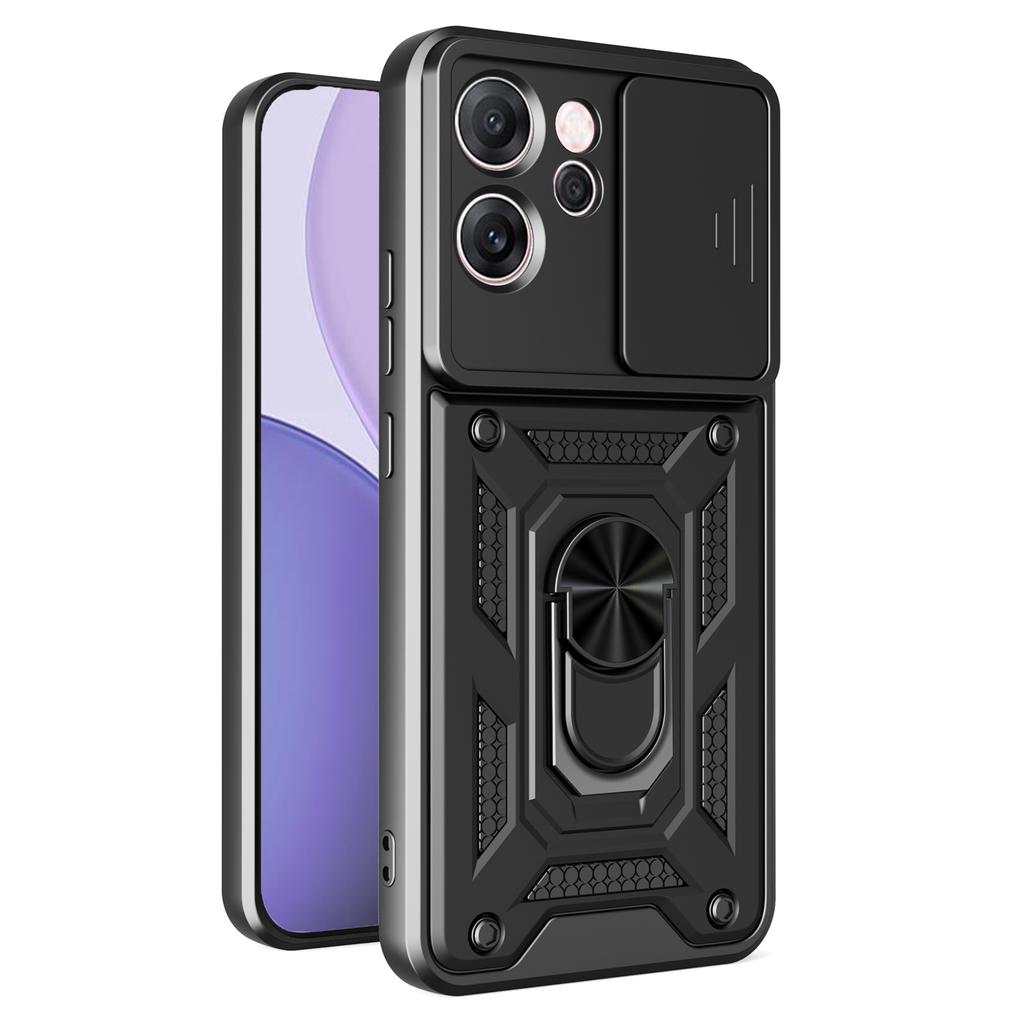 For Oppo Reno14 F 5G Case with Slide Camera Lid PC+TPU Kickstand Phone Cover