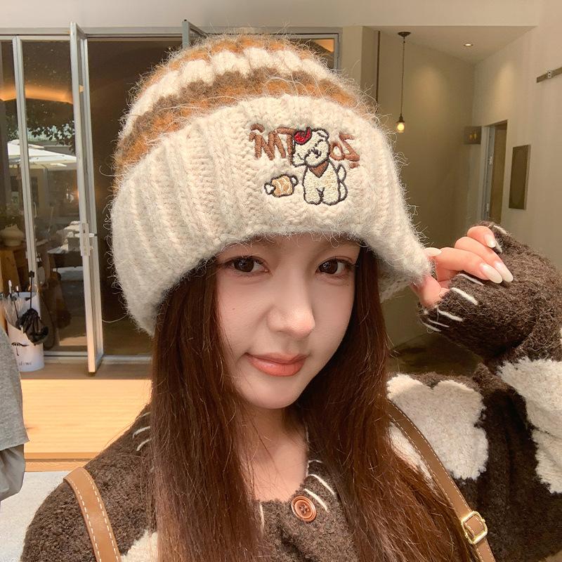 Vintage Striped Knitted Hat Puppy Embroidered Wool Hat Soft Waxy Plush Autumn and Winter Hat Women's Versatile