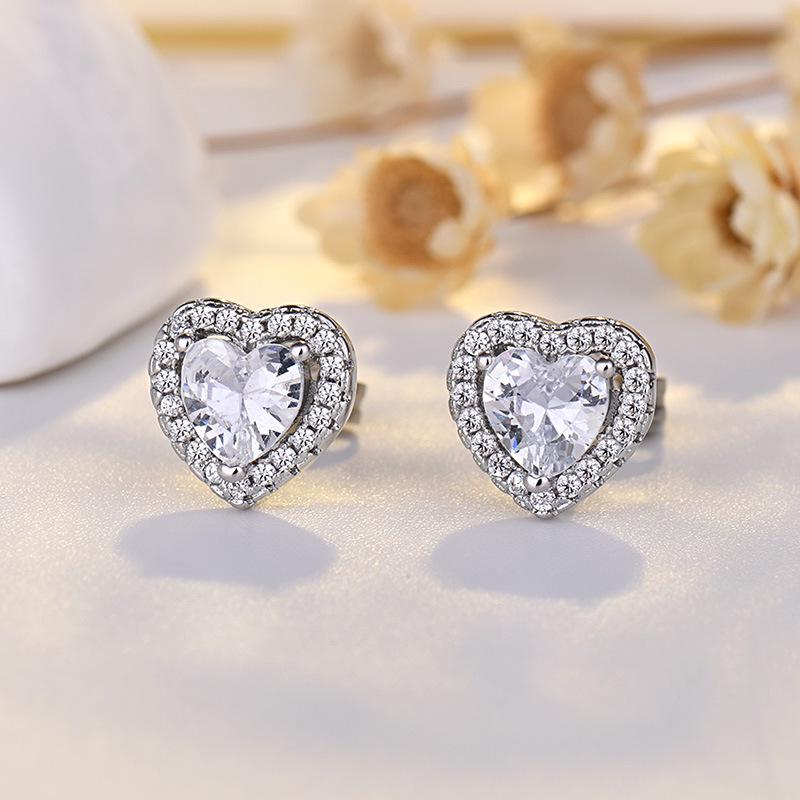 Elegant S925 Sterling Silver Needle Earrings with Micro-paved Zircon Heart Studs - Fresh Women's Fashion Jewelry.