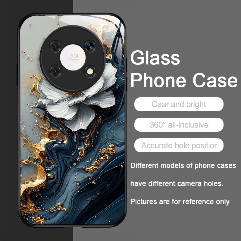 Elegant Lotus Artistic Flower Pattern Tempered Glass Phone Case for Huawei Nova 13 12 SE 11 10 Pro Mate 40 30 P60 P40 5G Covers