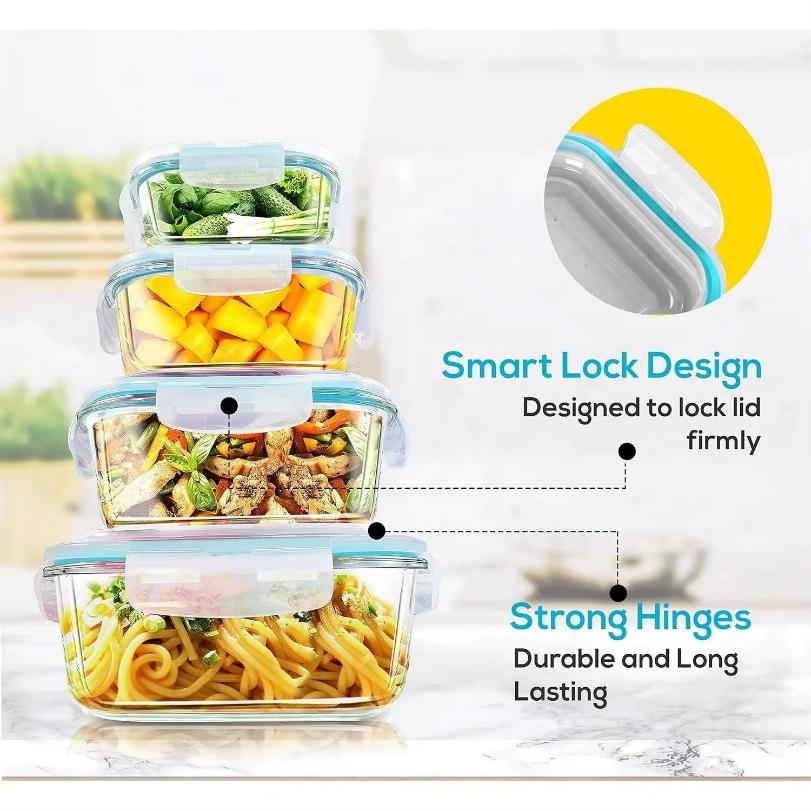 Glas-Lunchboxen Lebensmittelaufbewahrungsbehälter, Meal Prep, luftdichte Bento-Boxen, für Mikrowelle, Ofen, Gefrierschrank und Spülmaschine, BPA-frei