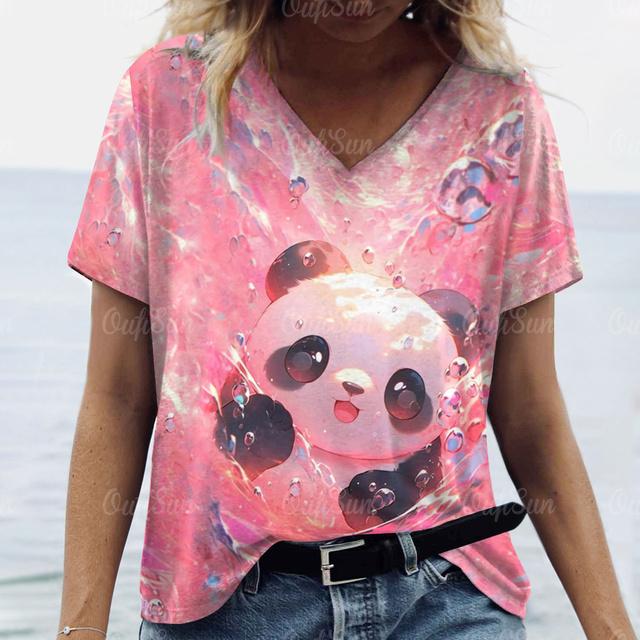 Oversize Women's Clothing Tshirt Cute Panda Woman Clothing Casual V-Neck Short Sleeve T-Shirts Pullover Trend Summer Streetwear