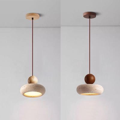 Retro Wabi-Sabi Yellow Travertine Pendant Light - Small Bedside Lamp for B&B or Bar, Solid Wood Round Ball Design