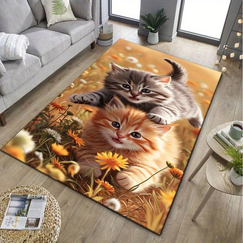 Flower Garden Kittens Rug for Playful Home Decor - Adorable 3D Cat Design Floor Mat, Brighten Up Any Room with Charming Pets