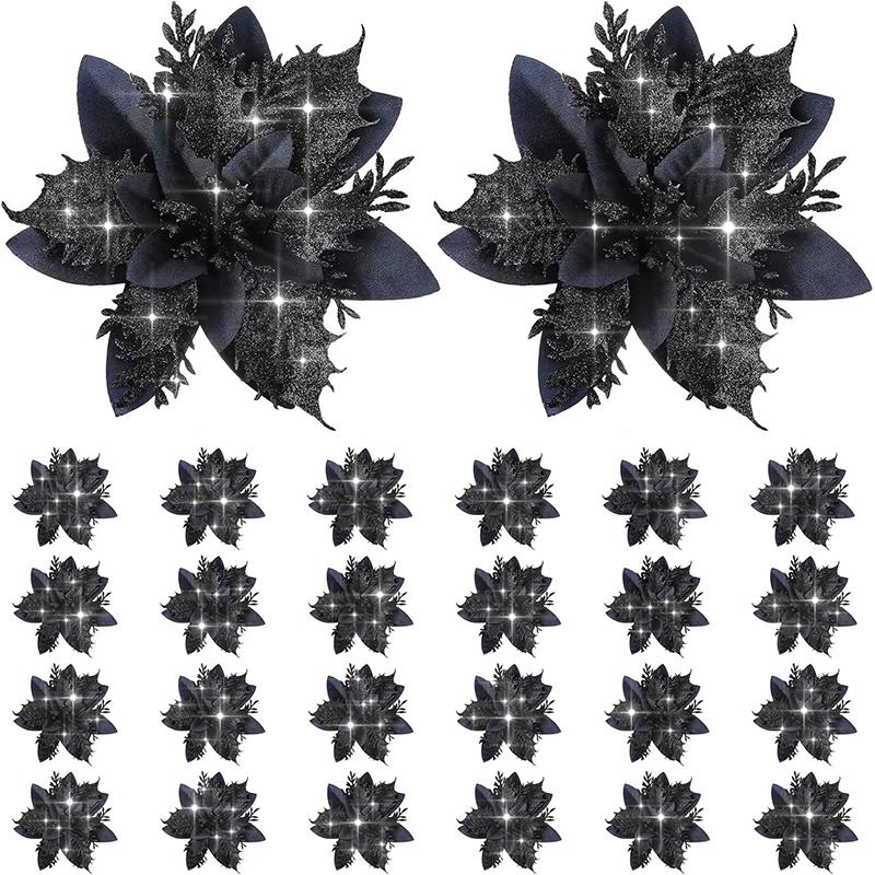 1bag 5pcs Christmas Decorations Glitter Polyester  Artificial Christmas Flowers for Christmas Tree Ornament Party Wreath Decor