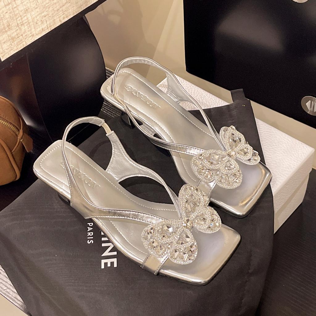 2025 été bout carré strass nœud stiletto chaussures pour femmes couleur unie bride arrière polyvalent décontracté dame sandales à talons hauts