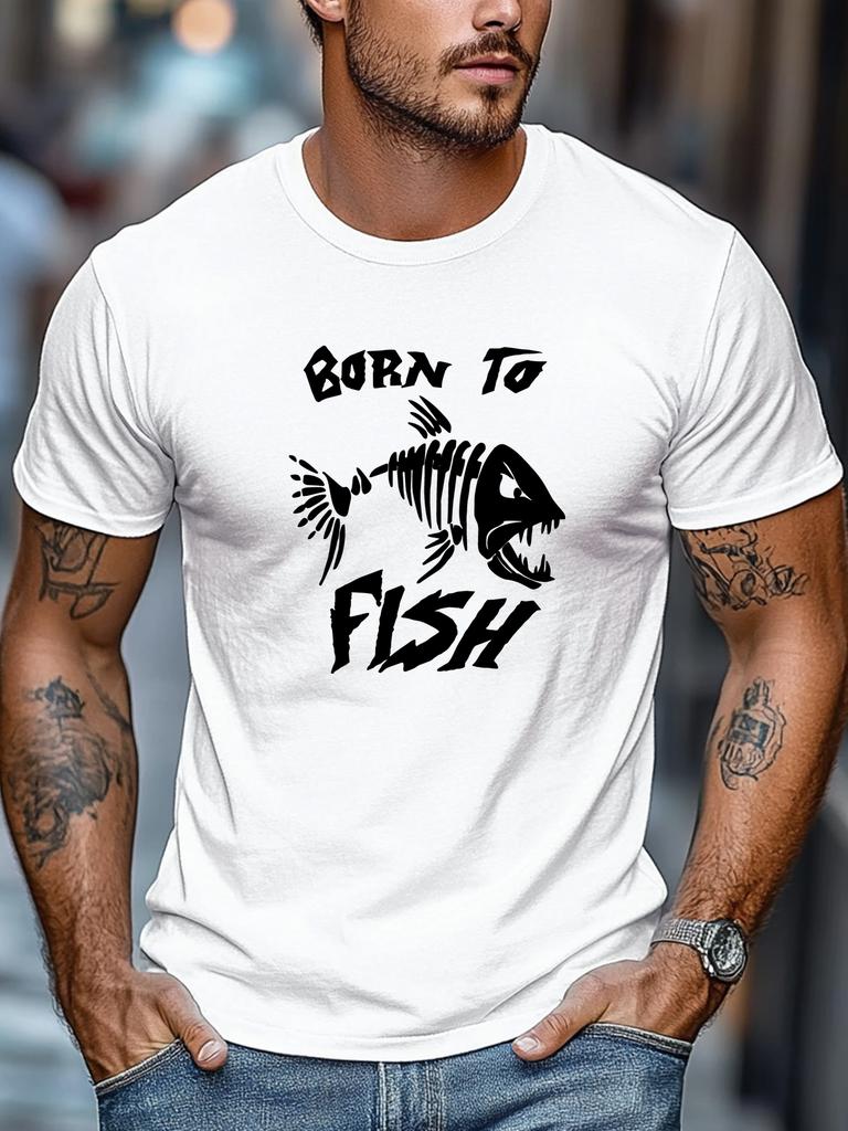 New Unisex Black Crew Neck Tee Born To Fish Angry Fish Skeleton Graphic Retro Fishing Hobby Outdoor Soft Cotton Male Casual Tops
