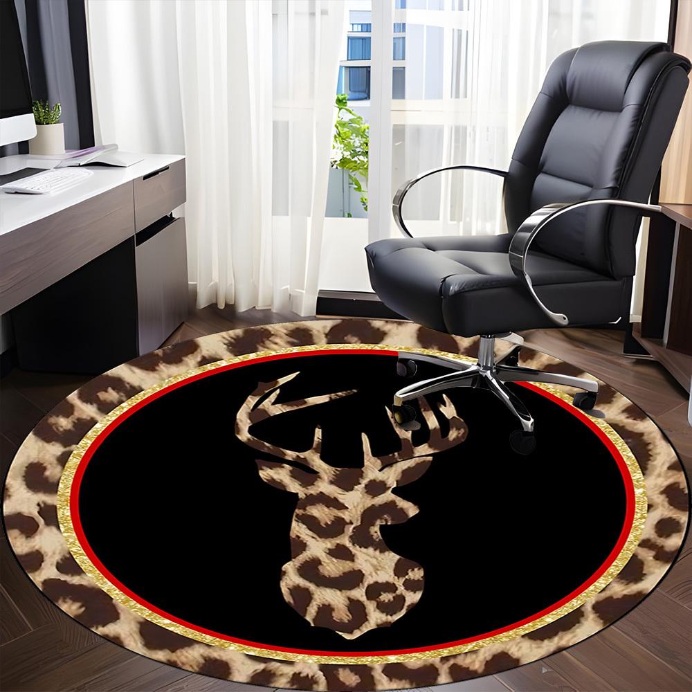 1pc Leopard Print Deer Head Chair Carpet for Office, Round Polyester Mat, Indoor Decor for Office, Easycare Fabric, Washable Non-slip Area Carpet