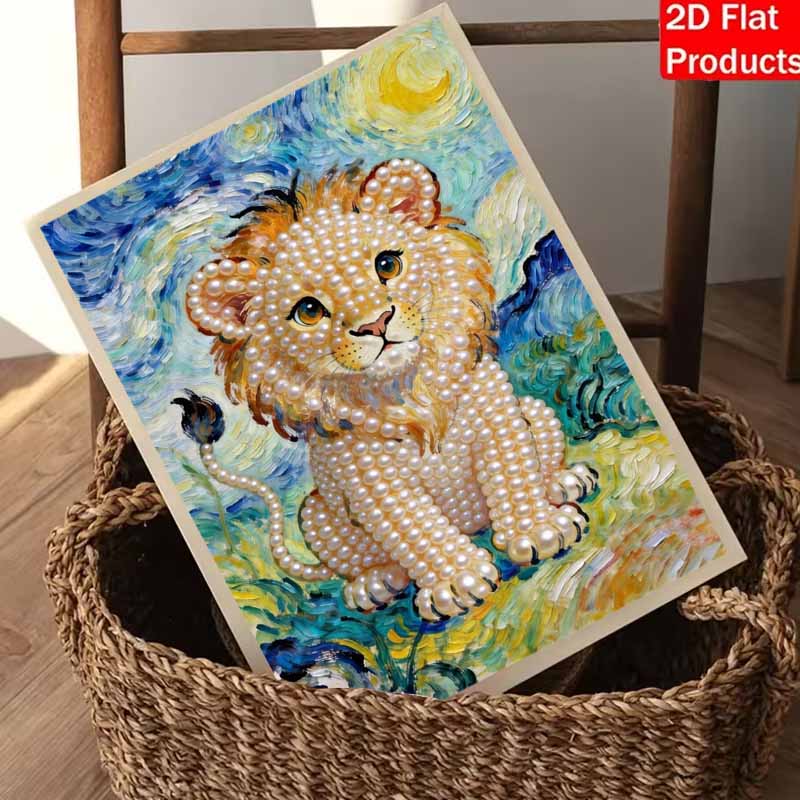 DIY Frameless Pearl Painting Kit Lion King 3D Shiny Bead Art Canvas Relaxing Creative Craft for Home Wall Decor Gift