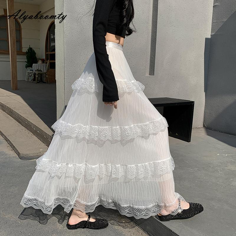 2025 jaro léto ženy maxi dlouhá bílá sukně s vysokým pasem vrstvené volánky princezna sukně sladké romantické dámské krajkové sukně