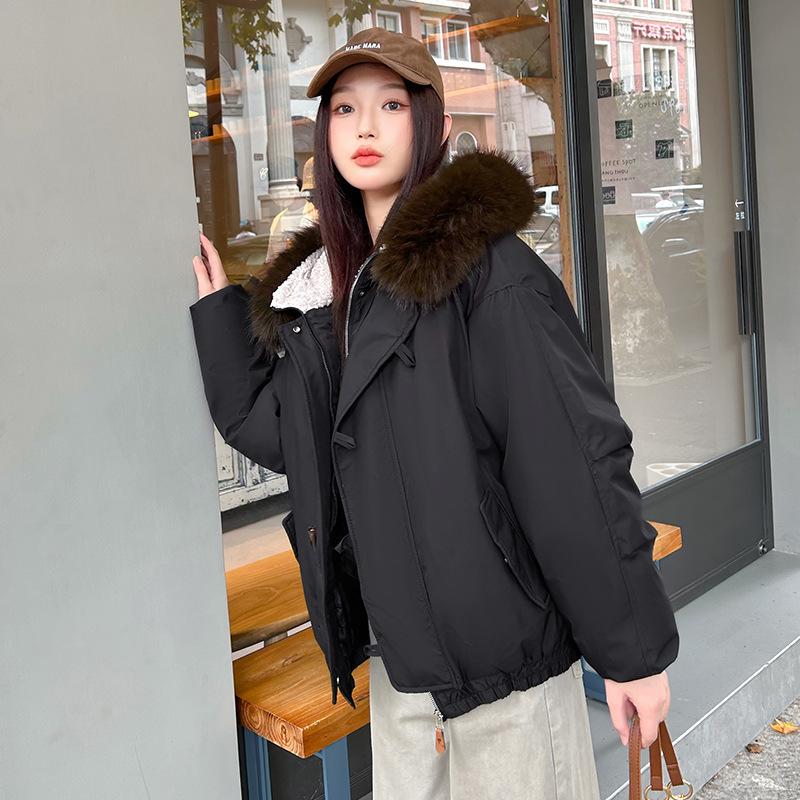 Retro fur collar hooded cotton jacket women's clothing winter new horn buckle thickened warm cotton coat