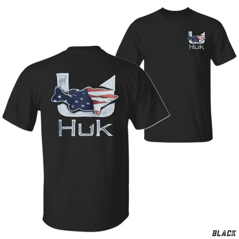 Huk Fishing Patriotic T-Shirt, USA Flag Fish Graphic Tee, High Performance Angle