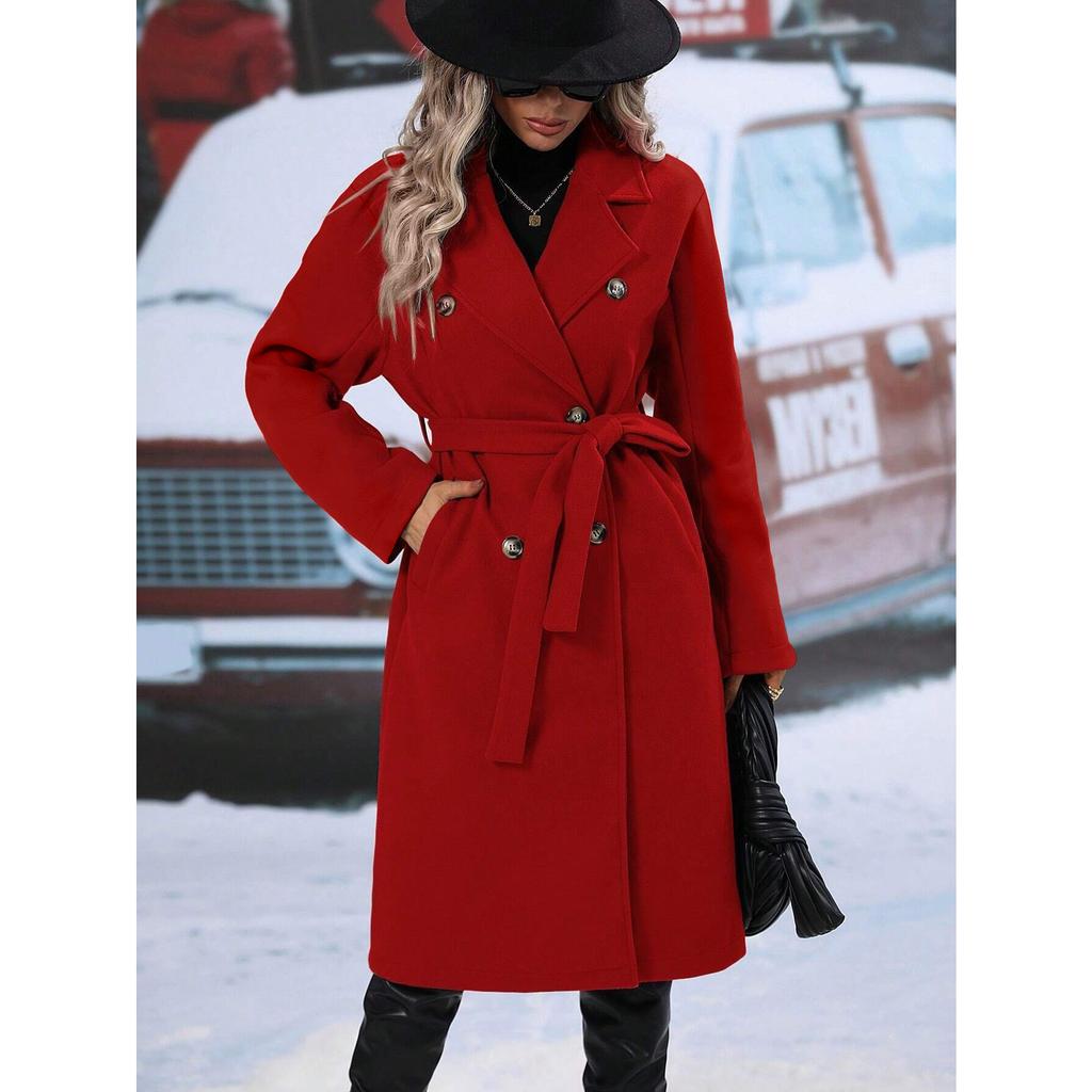 2025 Autumn Winter Women's Double-Breasted Wool Blend Trench Coat, Belted Waist Elegant Overcoat with Notched Lapel, Classic Office Chic Outerwear