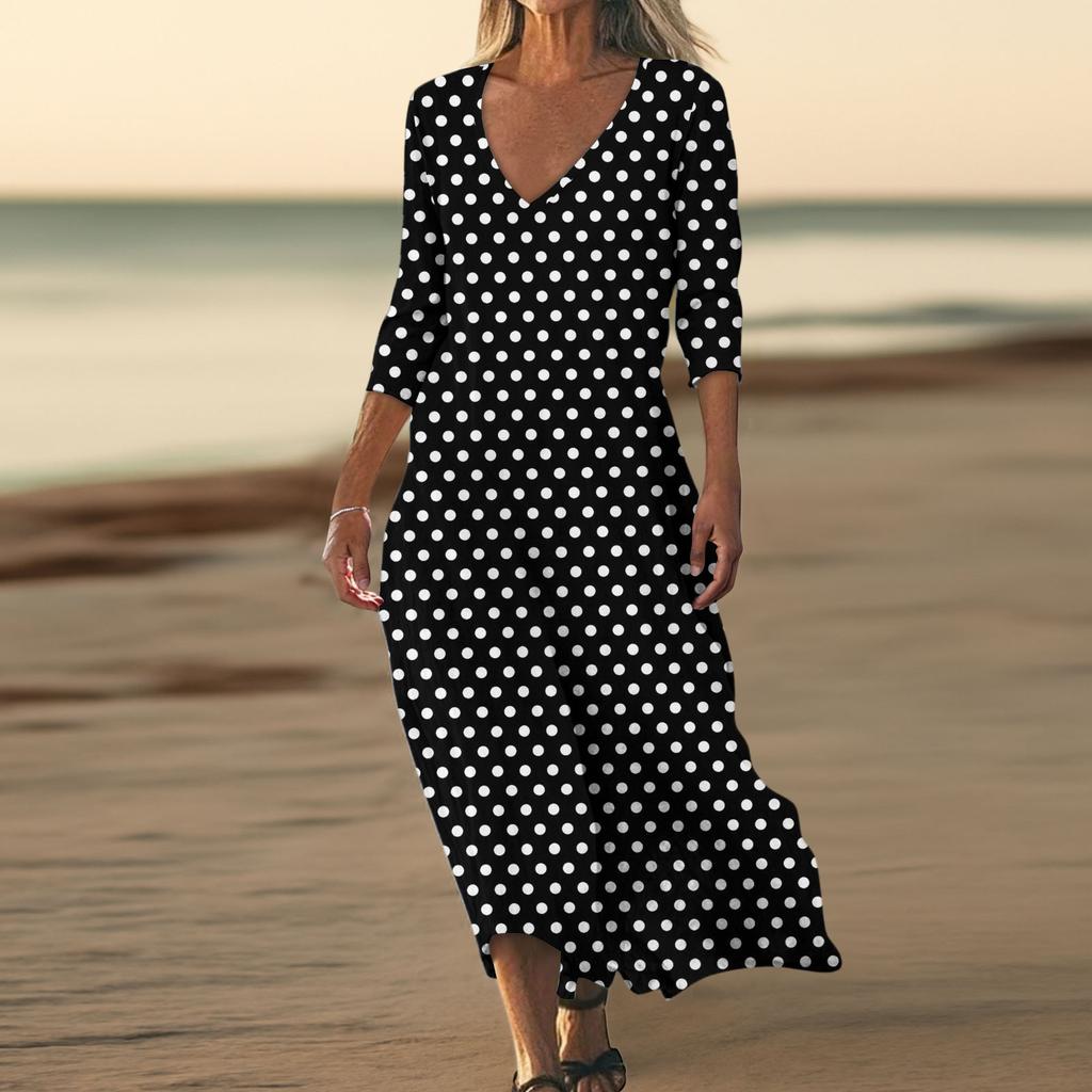 Dresses For Womens Vintage Print Tunic Waisted Midi Dress Summer Casual  3/4 Sleeve Dress