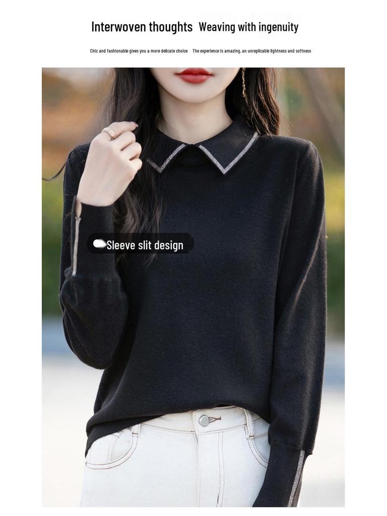 Plus Size Slimming Merino Wool Sweater with Turn-Down Collar and Rhinestone Sleeve Details