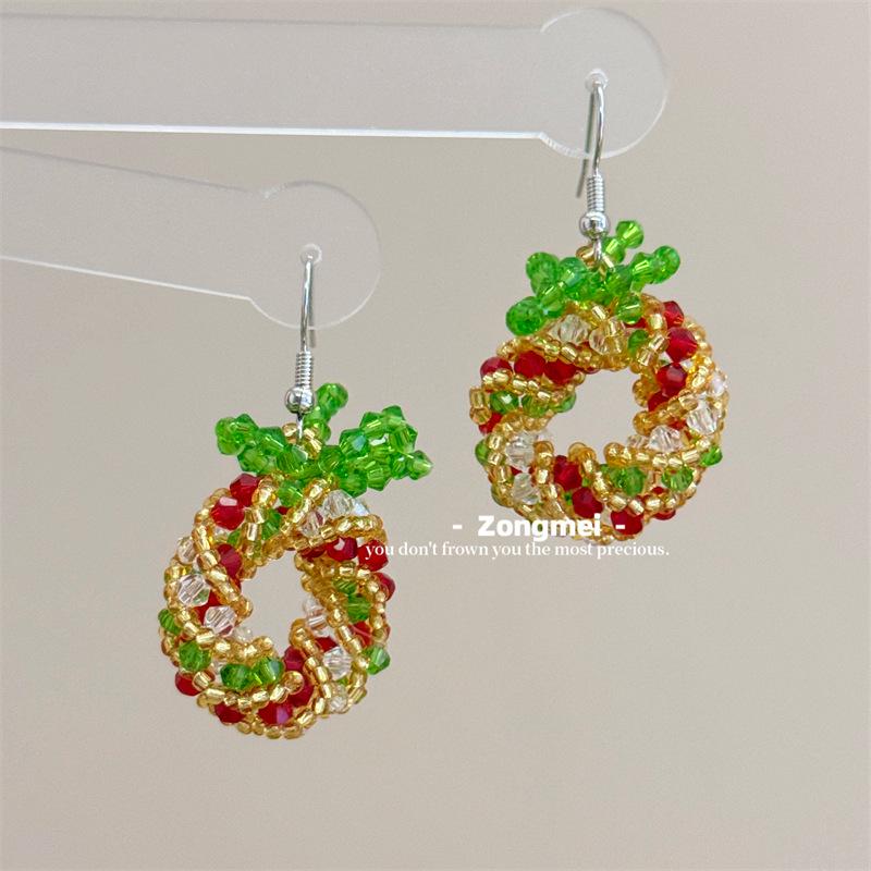 3D Christmas Tree Earrings with Red Bow - Heavy Beaded Crystal Ear Clips, Hand-Woven Holiday Accessories
