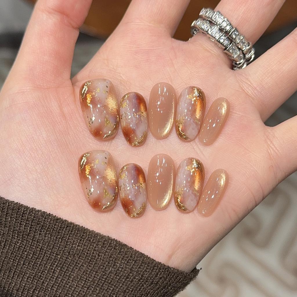 10pcs Amber Cat Eye Press on Nails Almond Fake Nails Gold Foil Silver Broken Rhinestone Nail Tip Gradient Pearl French Nail Art