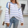 Women's Knitted Sweater Autumn and Winter Loose Pullover Round Neck Striped Color Block Knitted Sweater for Women