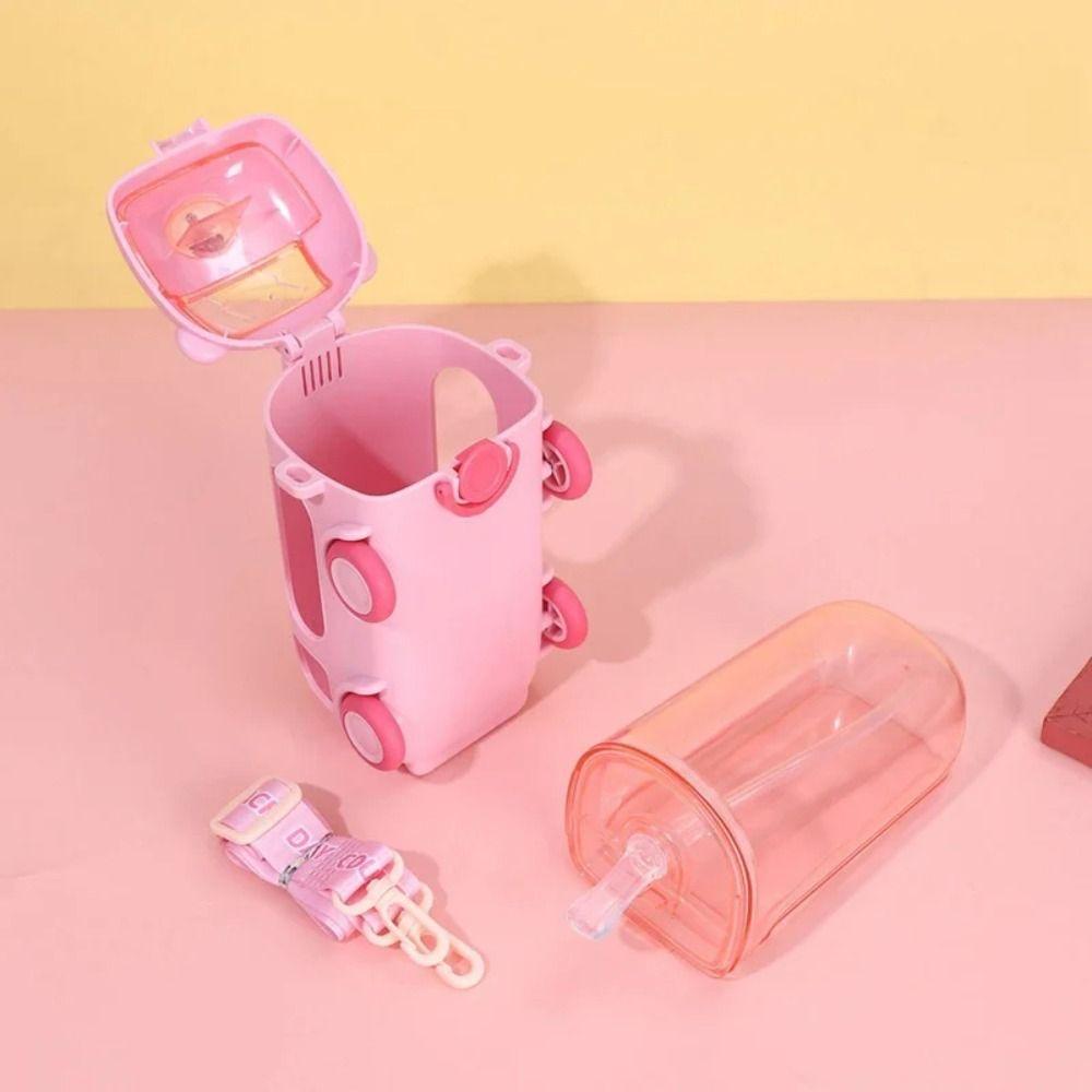 Cartoon Bus Straw Cup Leak-Proof Large Capacity Children Water Jug Portable with Shoulder Strap Bus Plastic Water Bottle
