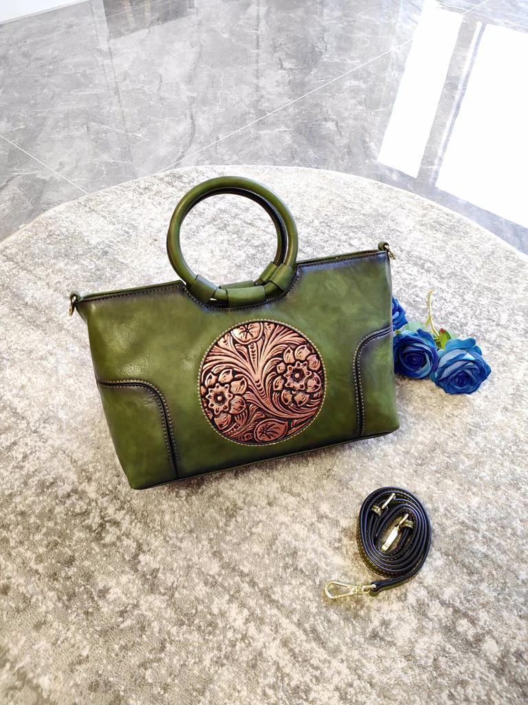 Retro Handmade Embossed Shoulder Bag for Women High Quality Leather Women Handbag Large Capacity Female Messenger Purse Bags