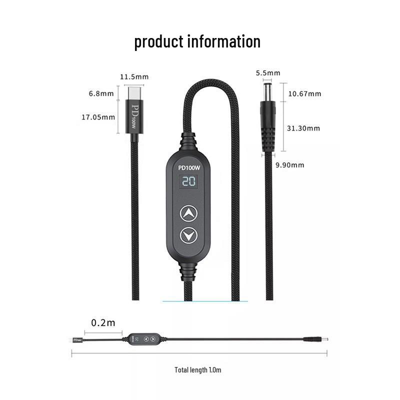 100W PD Inducer: 5-20V Adjustable Type-C to DC Router & Speaker Cable Set (8-Piece, Elbow)