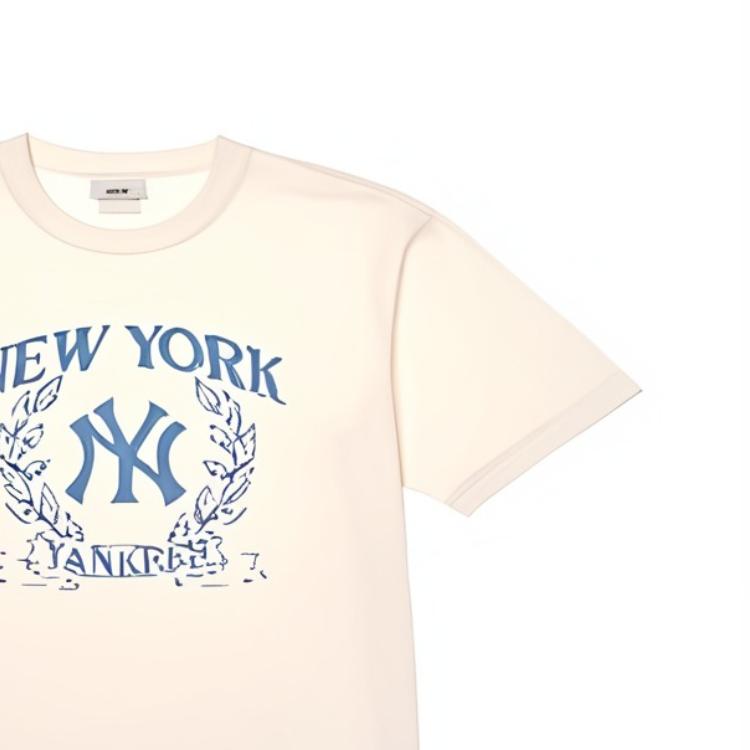 MLB New York Yankees Loose Crew Neck Pullover Letter Print Short Sleeve T-Shirt Unisex Tops Cream 3ATSV0644-50CRS