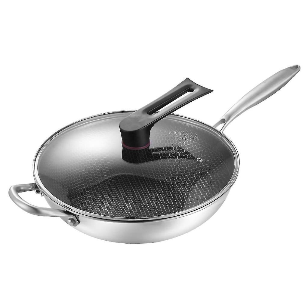 Poêle wok double face en acier inoxydable, nid d'abeille, 3 couches, antiadhésive, facile à nettoyer, pour cuisine, 34 cm (avec couvercle et oreilles)