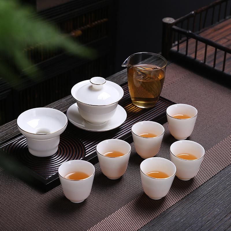 Ceramic suet jade porcelain kung fu tea set cover bowl teacup business company festival gifts