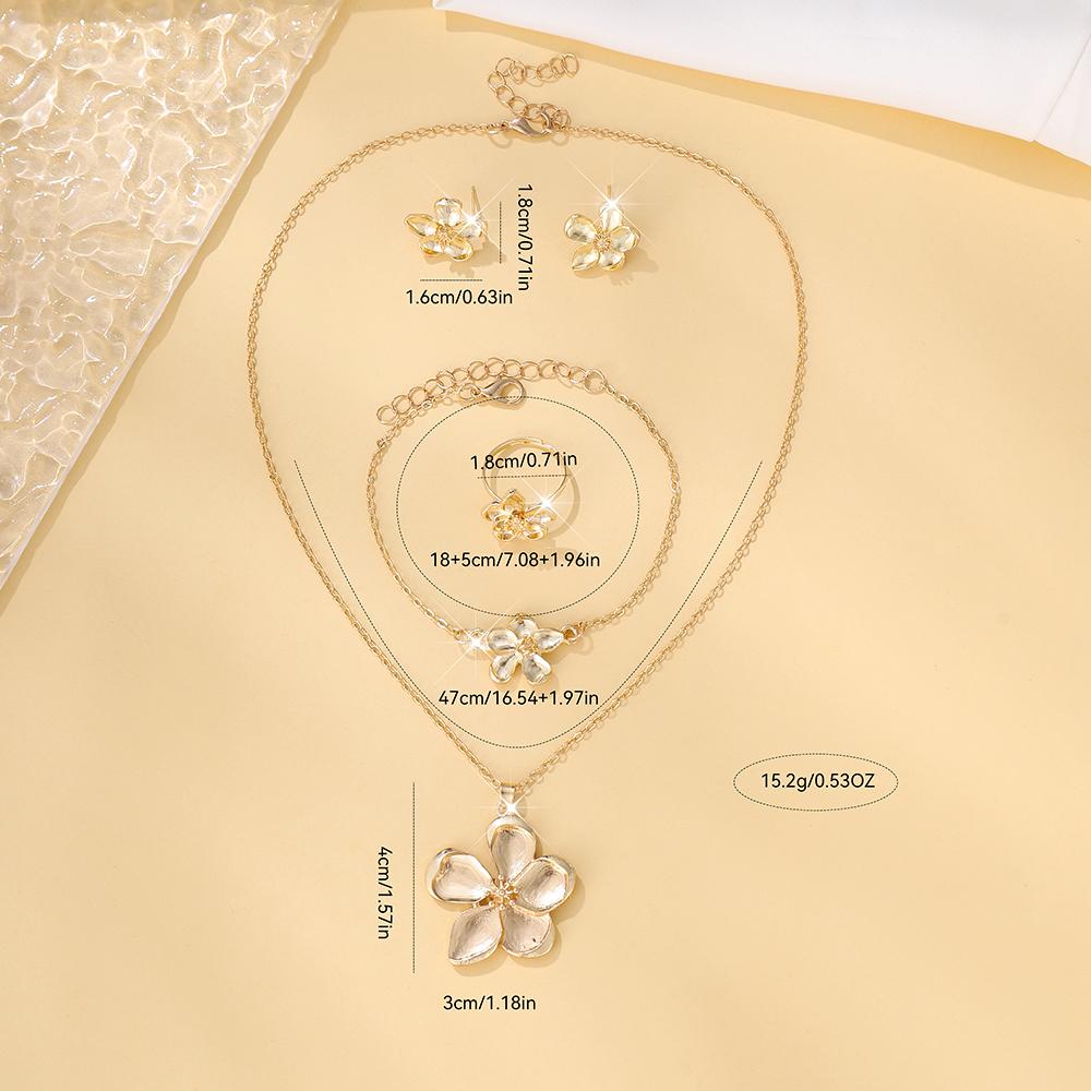 5 szt./zestaw Modny Metalowy 5-płatkowy Kwiat Tekstura 3D Wisiorek Kolczyki Pierścionek Zestaw, Słodki i Elegancki Kwiatowy Płaski Łańcuszek, Delikatny Nisza Desi