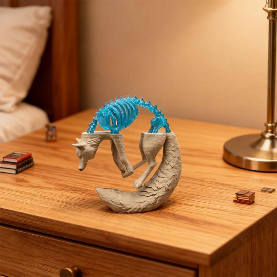 3D Printed Fox Ornament Half Skeleton Half Flesh Curled-up Fox Figurine Artistic Fox Statue Collectible for Table Shelf Decoration