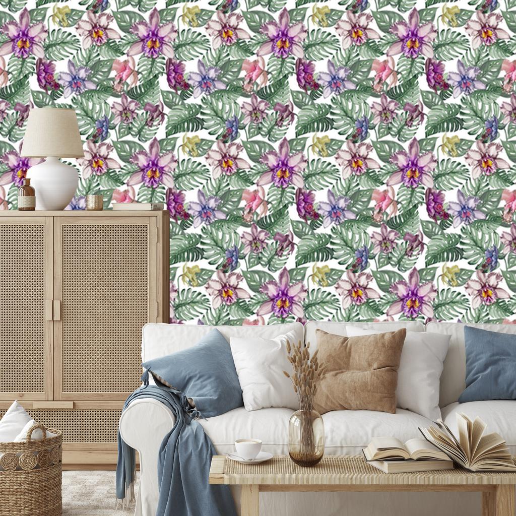 Wallpaper Colorful Monstera Flowers and Leaves for Living Room and Bedroom 50x1000