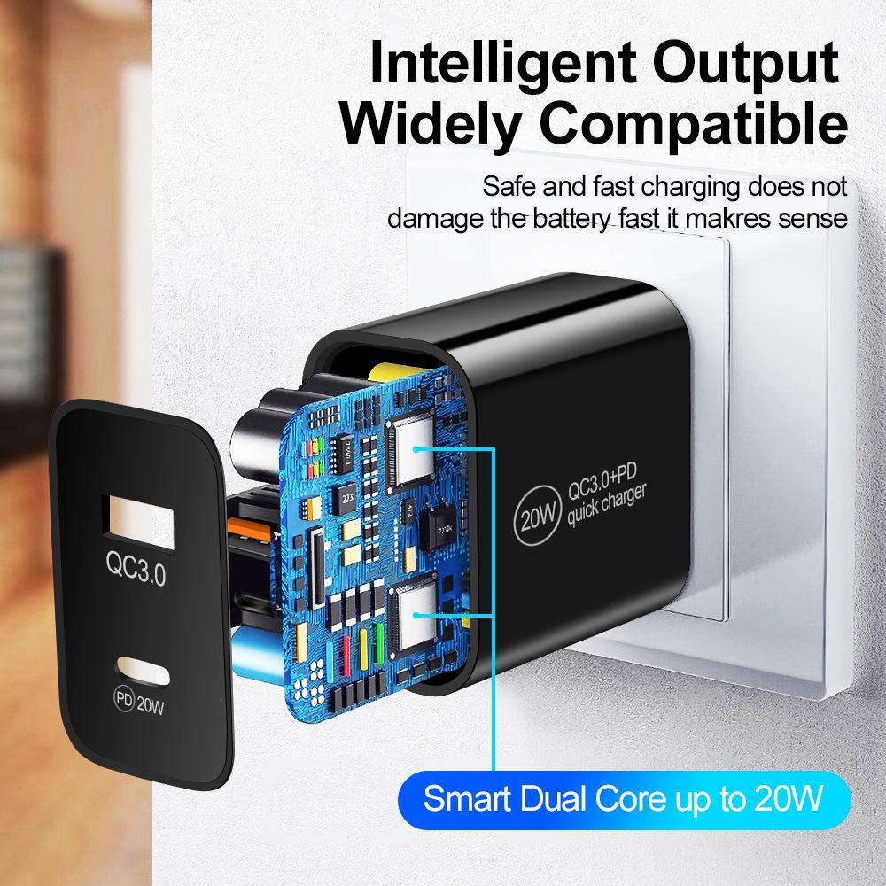 PD20W+QC3.0 Dual Fast Charger for Mobile Devices - US/EU/UK Standard.