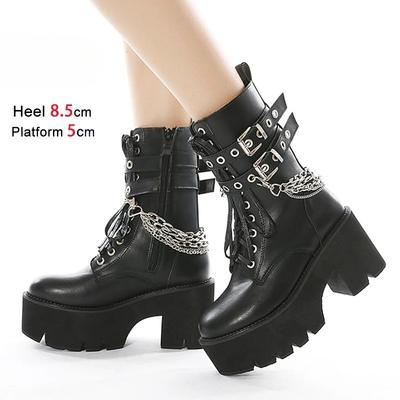 Autumn Winter Chain Punk Woman Boots Trend Belt Buckle Gothic Black Shoes Woman Side Zipper 8.5CM Chunk Heel Mid-calf Boots