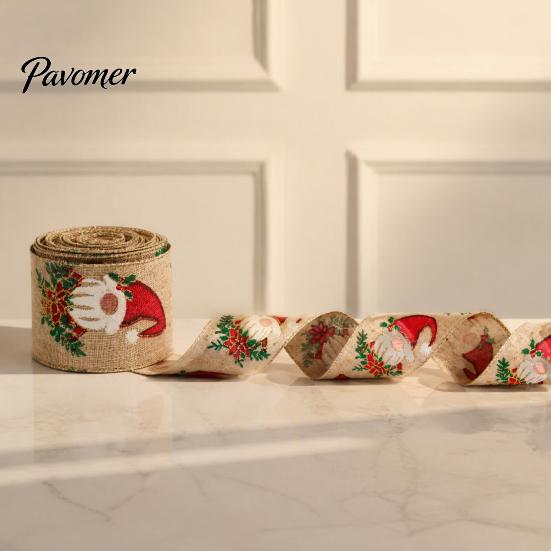 Wired Ribbon for Christmas Tree 1 Roll Burlap Gift Wrapping Decor, Vintage Patterned Holiday Decoration Imitation Linen Fabric DIY Crafts And Wreaths,