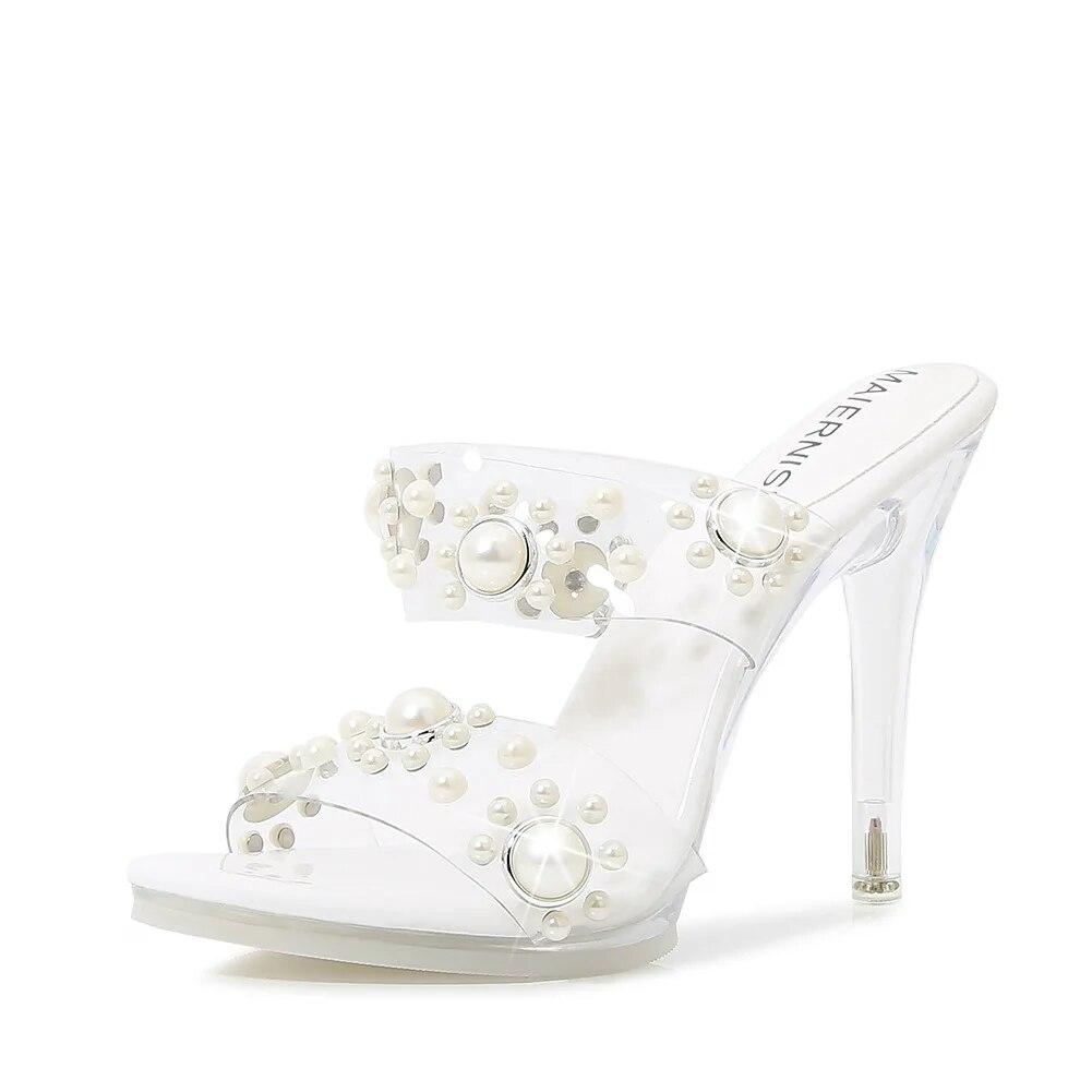 

Новые женские пикантные прозрачные туфли на шпильке с жемчугом и стразами, темпераментные сандалии на каблуке 10 см WZ 41 белый