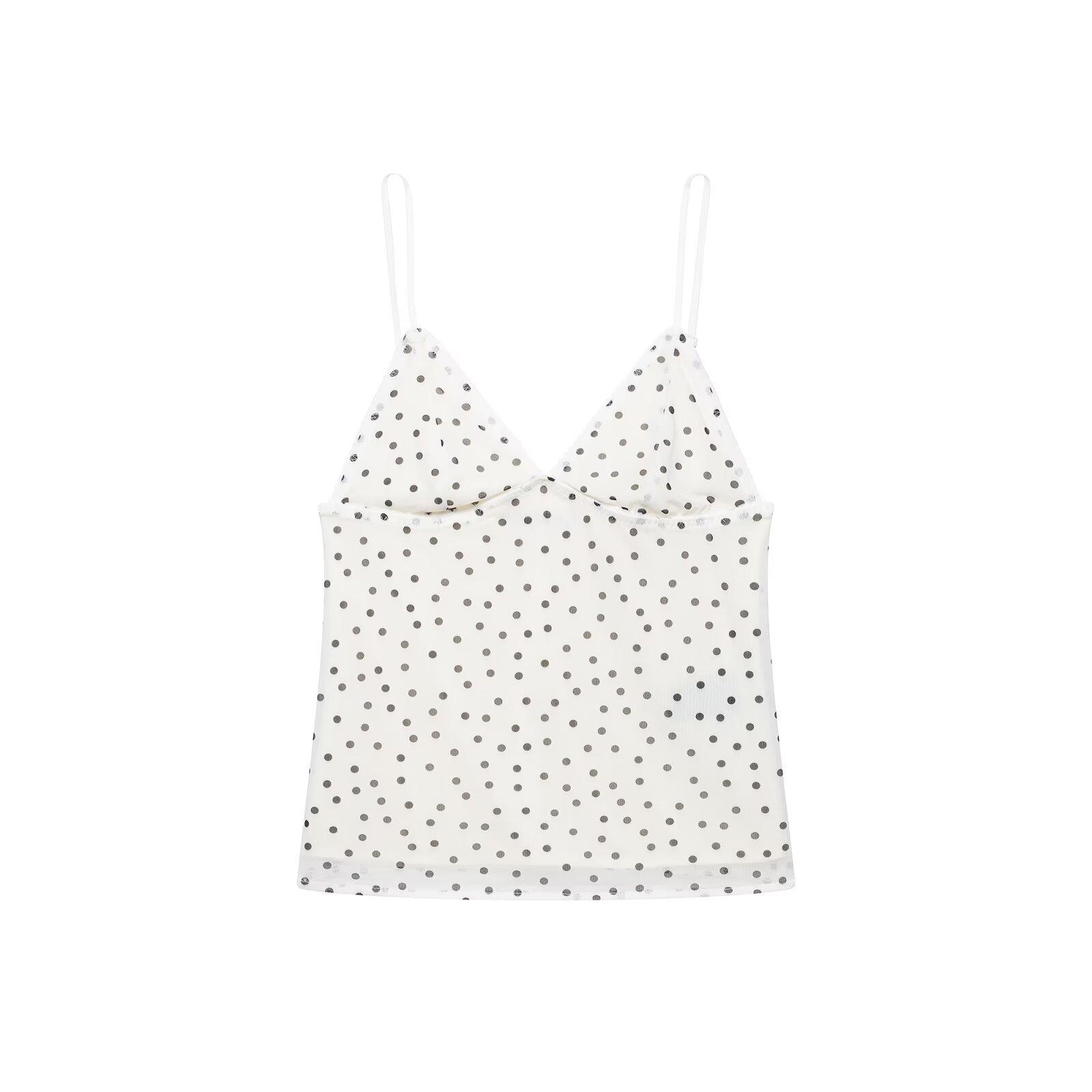 European and American Style New Women s Clothing: Polka Dot Print Silk Mesh Spaghetti Strap Top, Polka Dot Print Silk Mesh Skirt XS