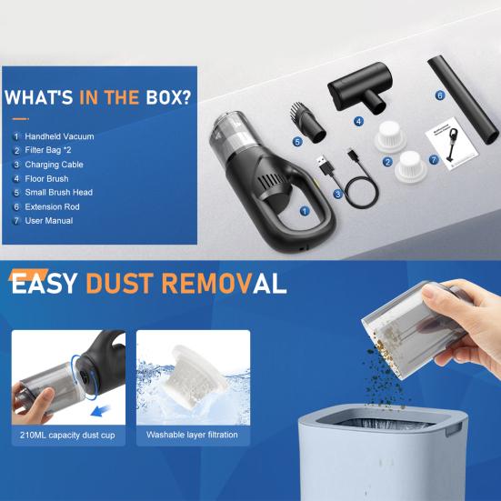 Wireless Vacuum Cleaner with 3 Suction Heads Strong Suction Compact Portable Handheld Car Vacuum Cleaner Dust Remover