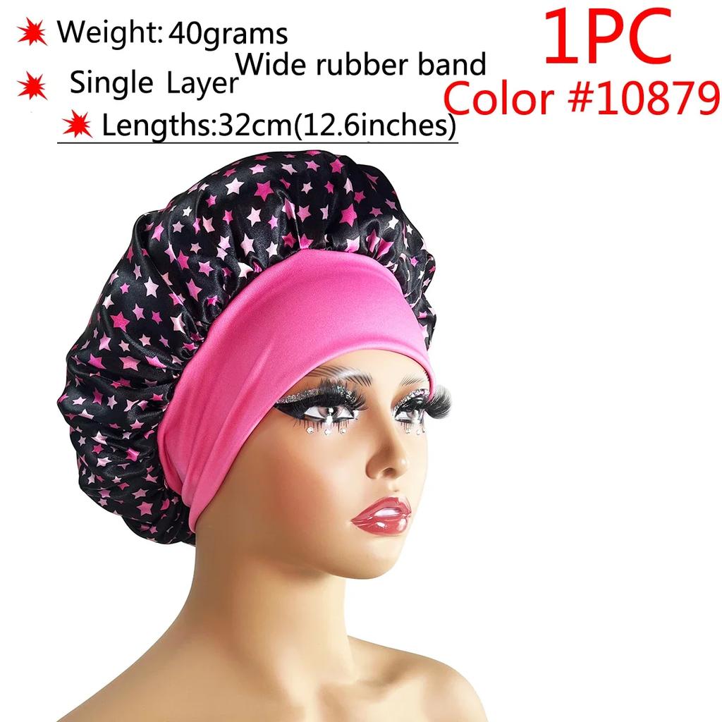 1 Stück Damen Satin Bonnet Elastisches breites Band Nachtschlafmütze Haarausfall-Abdeckung Kopfwickel Lockiges Federndes Haar Schönheit Chemo Cap Pflege