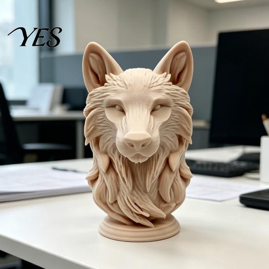 Ornamento da scrivania a forma di lupo durevole, statuetta con testa stampata in 3D, statua realistica con base rotonda scolpita, animale selvatico per decorazione di casa, ufficio, libreria
