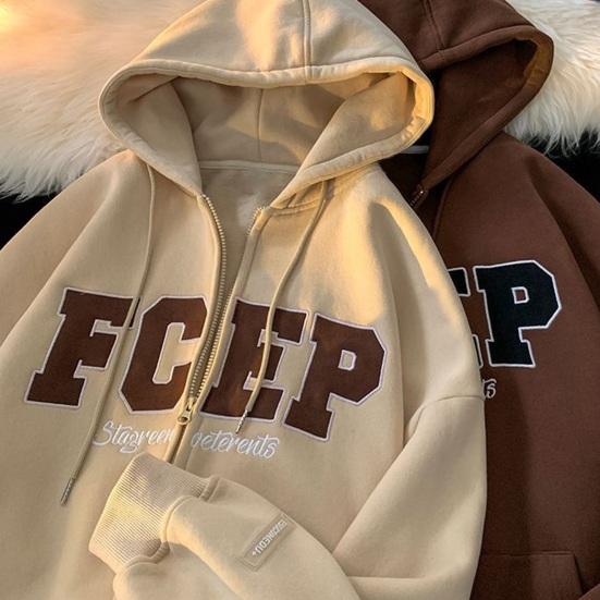 Herren Herbst Winter Kapuzenmantel Kordelzug Locker Kapuzen-Reißverschluss-Cardigan Buchstabenstickerei Oberbekleidung