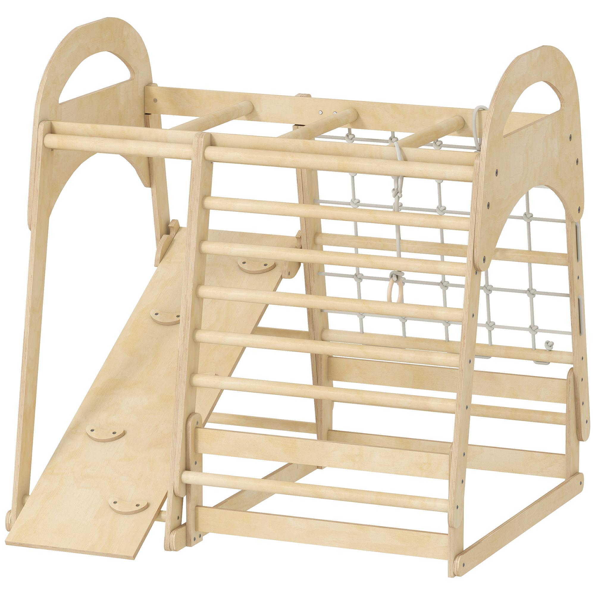 Structure d'escalade 6 en 1 pour enfants avec toboggan, barres parallèles, anneaux de gymnastique, échelle, filet d'escalade pour 3-6 ans, ton naturel