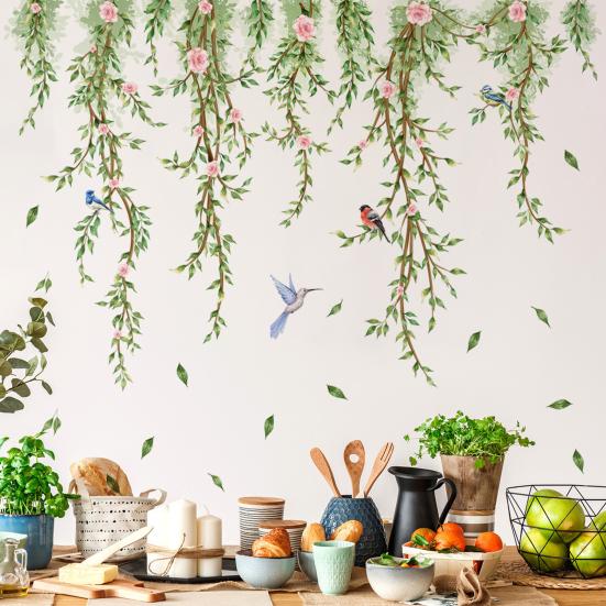Hanging Willow Leaf Wall Decals DIY Green Vine Plants Wall Sticker Peel And Stick Birds Butterfly Wall Art Mural for TV Background Bedroom Wall Decor