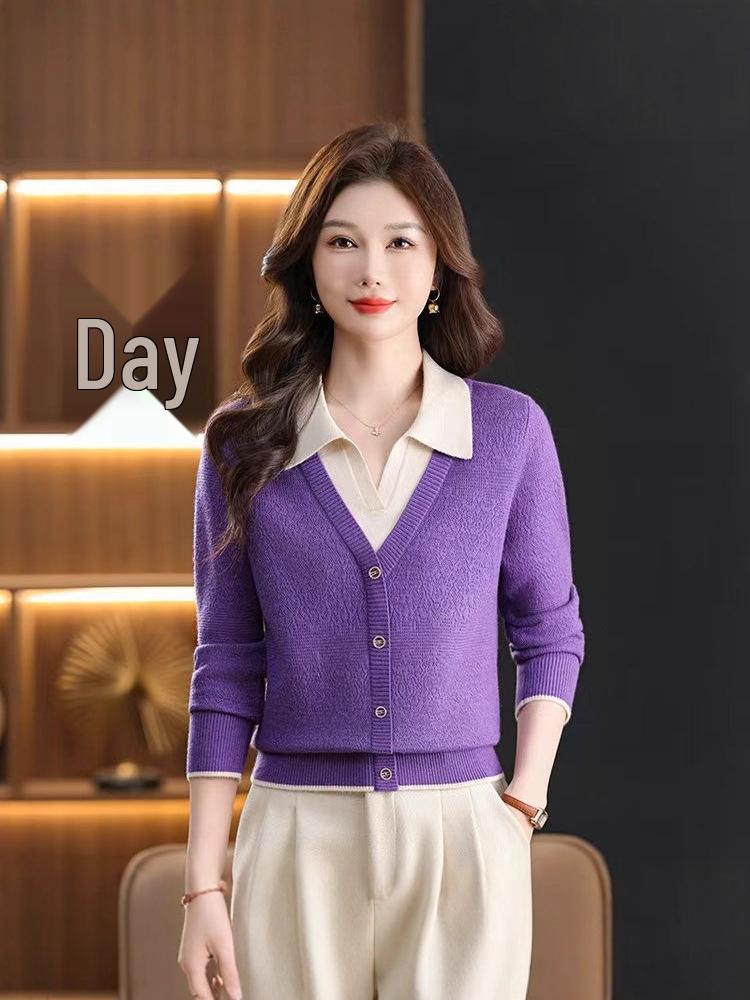 Women's Color Block Knit Sweater with Lapel and Faux Two-Piece Design