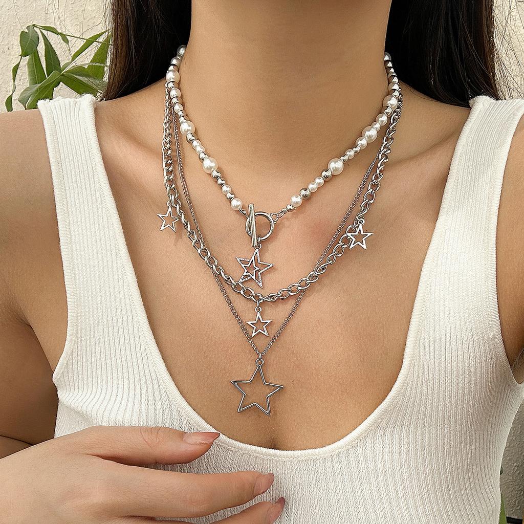 Hip Hop Babes Wind Star Pendant Necklace Choker Temperament Round Bead Imitation Pearl Metal Chain Necklace