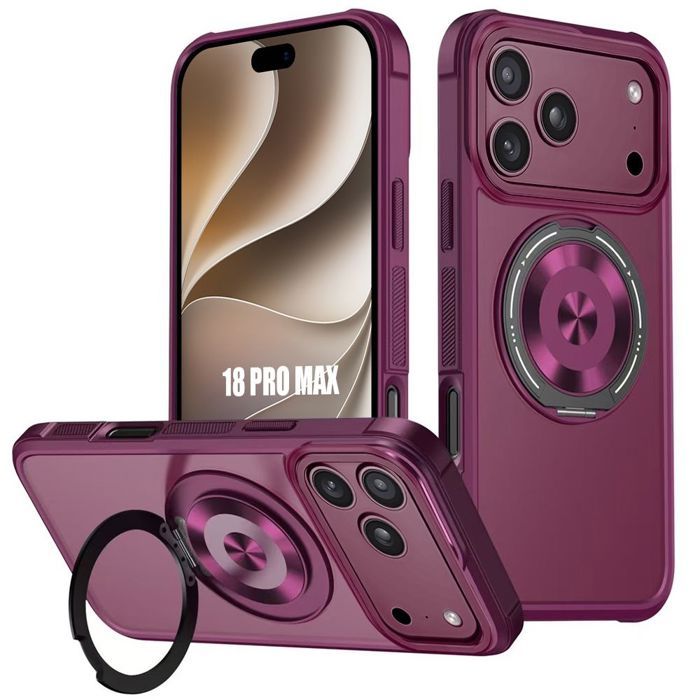 Coque pour iPhone 18 Pro Max, Silicone Souple et PC Rigide avec Support Rotatif - Bordeaux