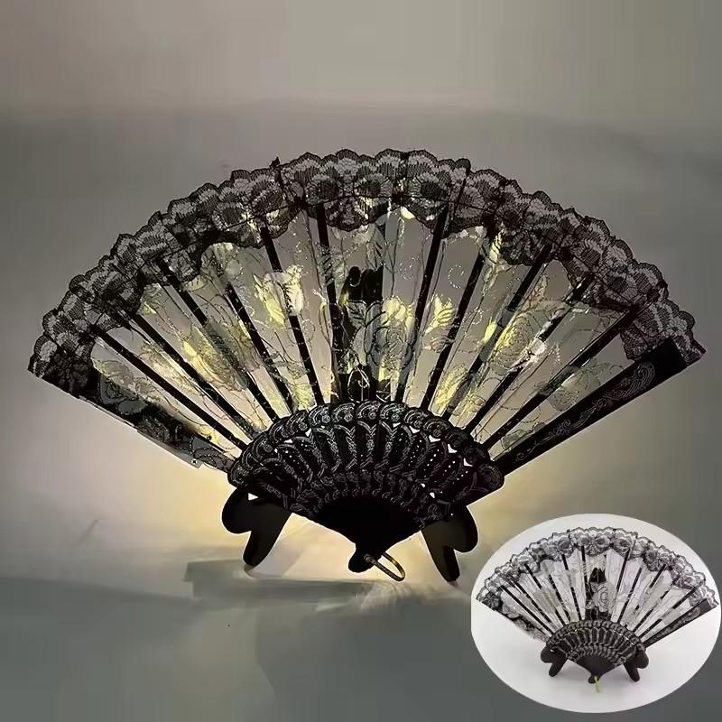 

Light Up Folding Fan Lolita Dance Stage Performance Hand Fan LED Retro Dark Red Black Rose Fans Wedding Party Photograph Prop чорний