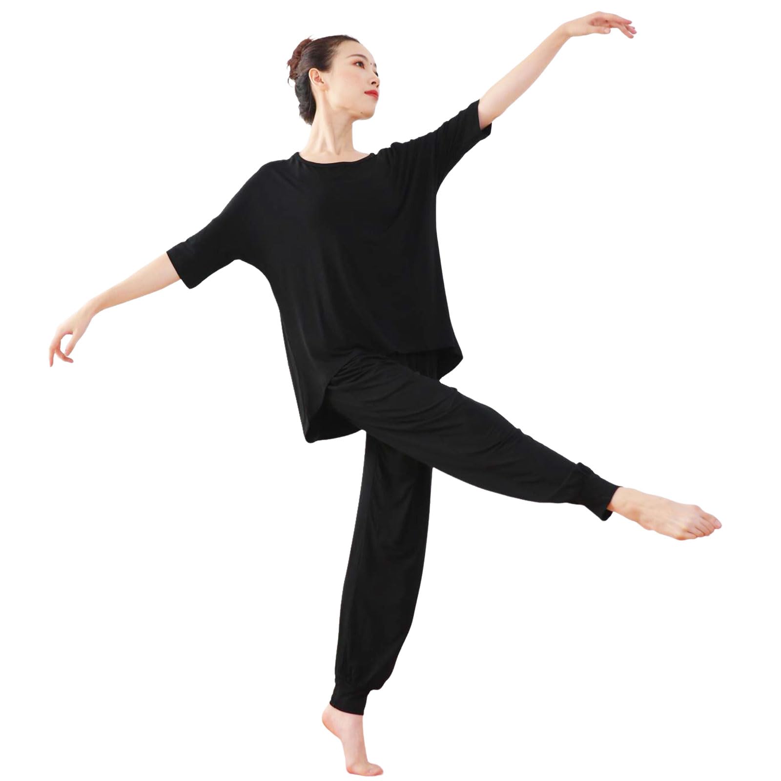 

Karsaer Модальная одежда для йоги и танцев Йога-брюки и длинные брюки в рубчик Расслабляющая одежда для танцев и дома Идеально для начинающих Женский комплект, с коротким/рукавом три четверти чёрный