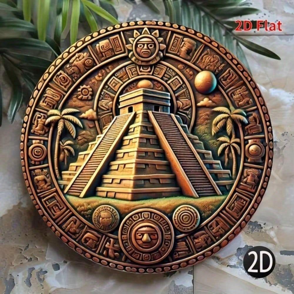 Metal Wall Art Poster, Maya Civilization Pyramid Hieroglyphs, Detailed Historical Decor for Living Room