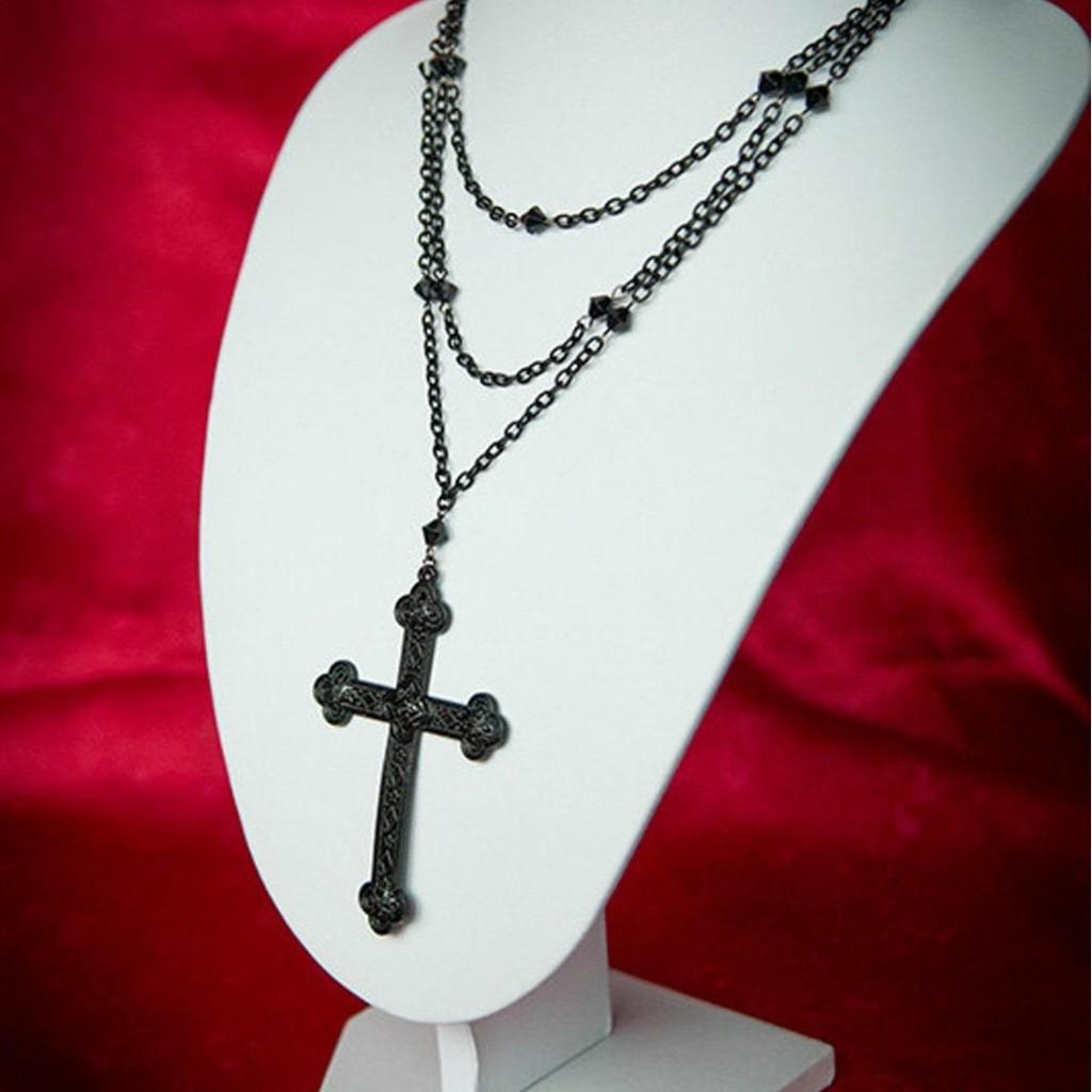 Gothic Black Cross Necklace For Men And Women With Alloy Pendant And Multilayer Design