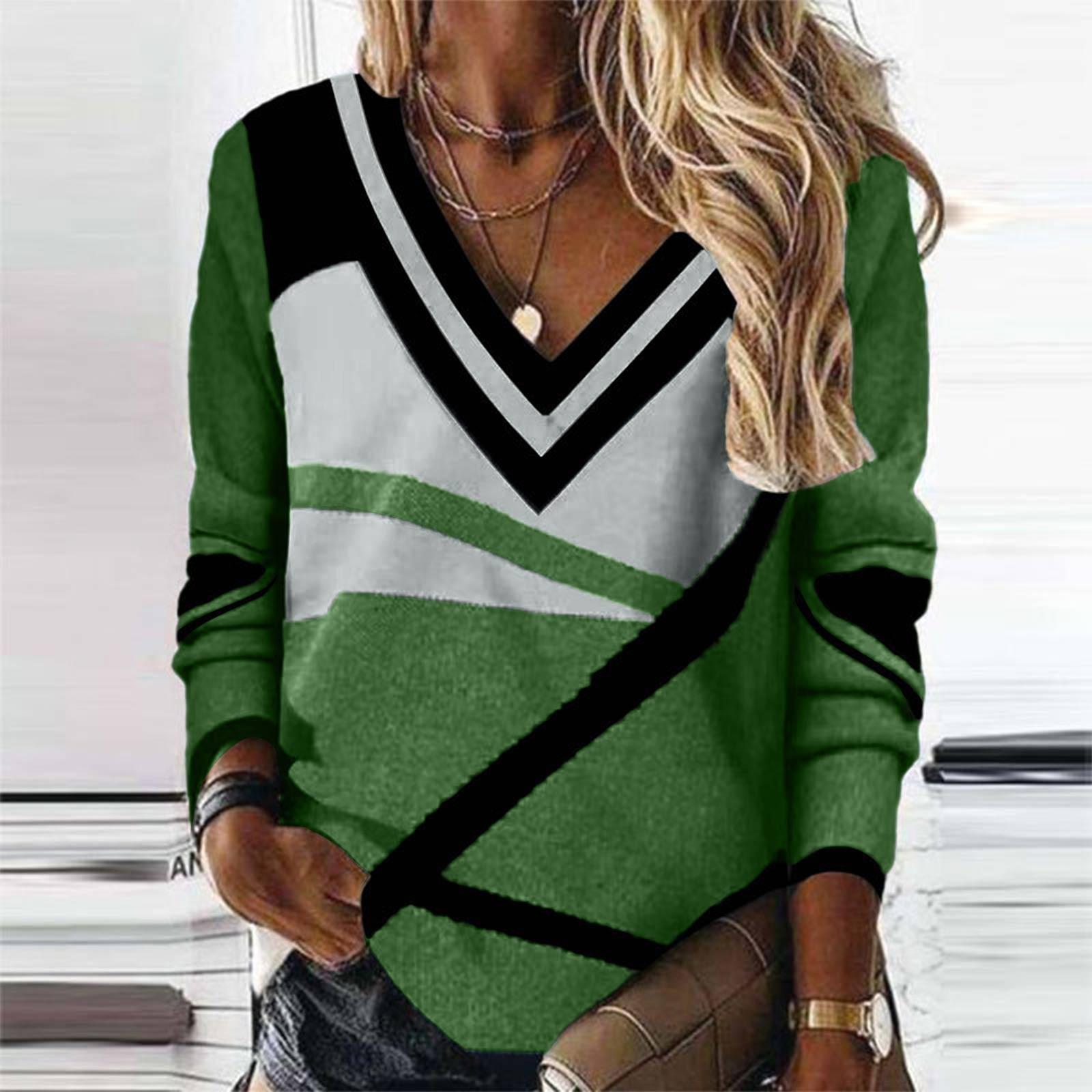 

Женская мода, повседневный, темпераментный, новый, с v-образным вырезом, контрастного цвета, с геометрическим принтом, темпераментный, свободный топ с длинными рукавами M зелёный